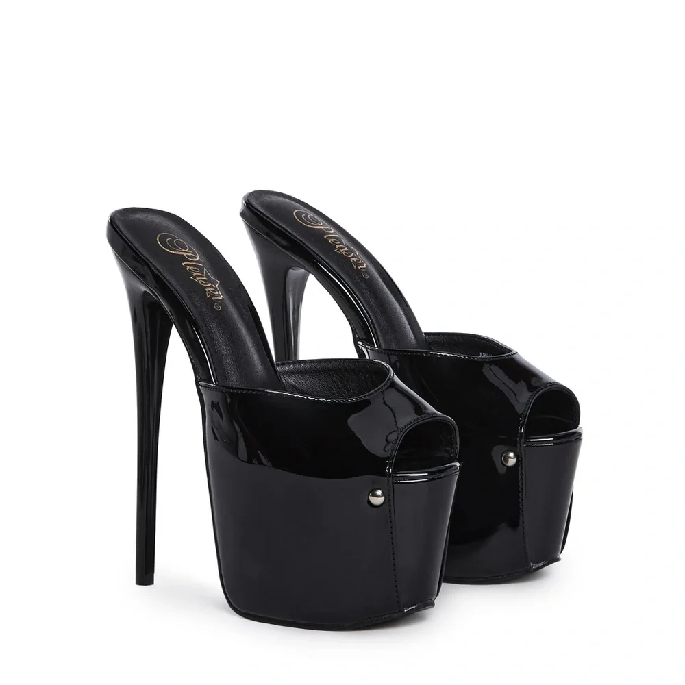Pleaser 7 inch Black Platform Kitten Mules sz6 shiny PVC latex